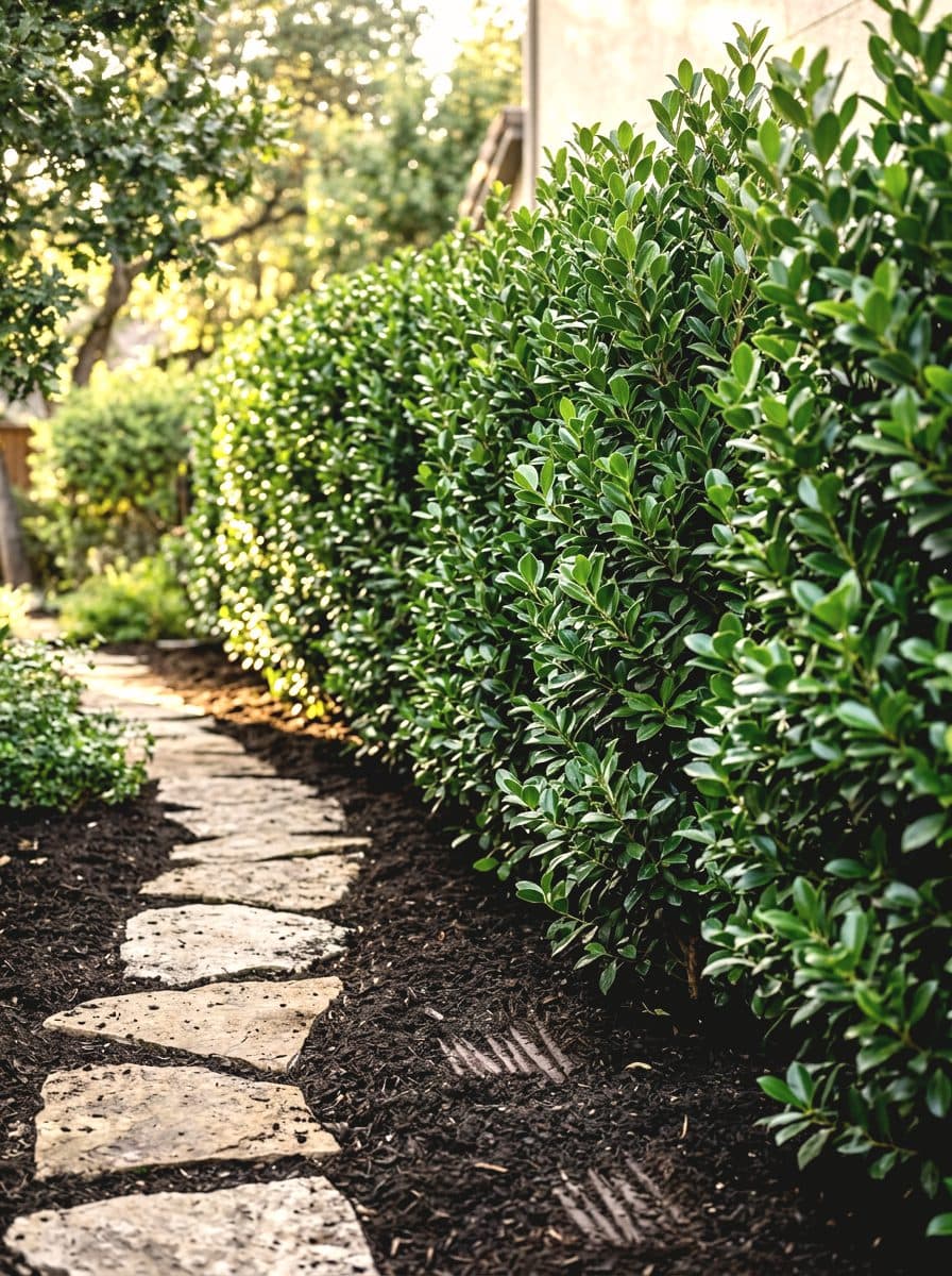 A freshly installed tall privacy hedge along a garden path